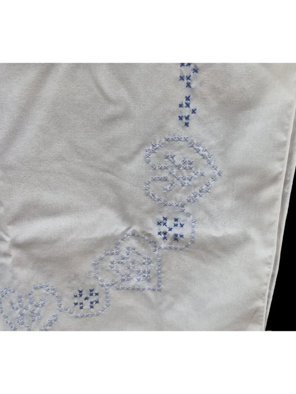 Vintage Hand Embroidered White Tablecloth Blue Cross-Stitch Heart Floral Cotton